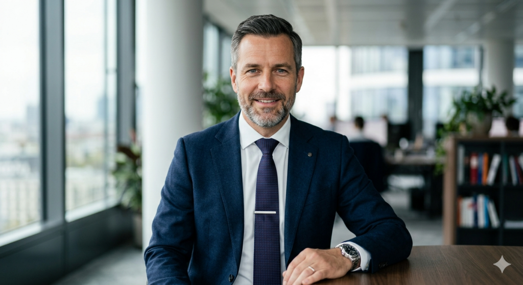 Professionelles Business-Portrait eines lächelnden Mannes im dunkelblauen Anzug mit Krawatte, Oberkörperaufnahme in einer modernen Büroumgebung mit Fensterfront.